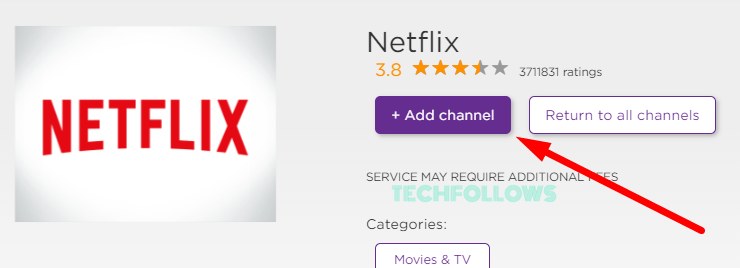 Napsauta +Lisää kanava saadaksesi Netflixin Rokuun